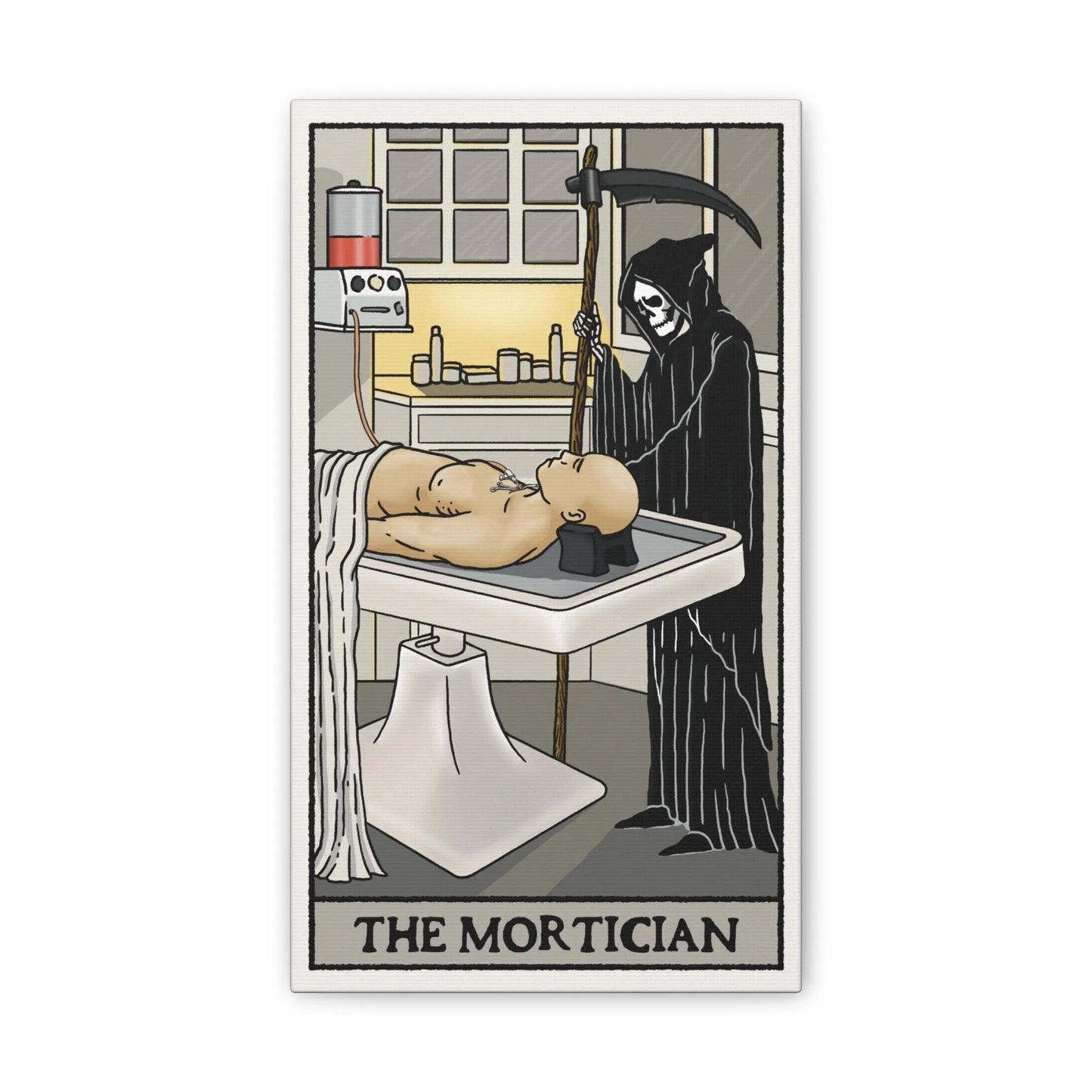 "The Mortician" Tarot Card Canvas Art | Dark Humor Wall Decor | Unique Gothic Home Accent - Alternative Artwork,Dark Humor Print,Death Themed Gift,Eerie Art Piece,Funny Home Decor,Gothic Wall Art,Grim Reaper Art,Halloween Wall Art,Macabre Design,Mortician Decor,Spooky Living Room,Unique Canvas Art,Unusual Wall Decor Canvas