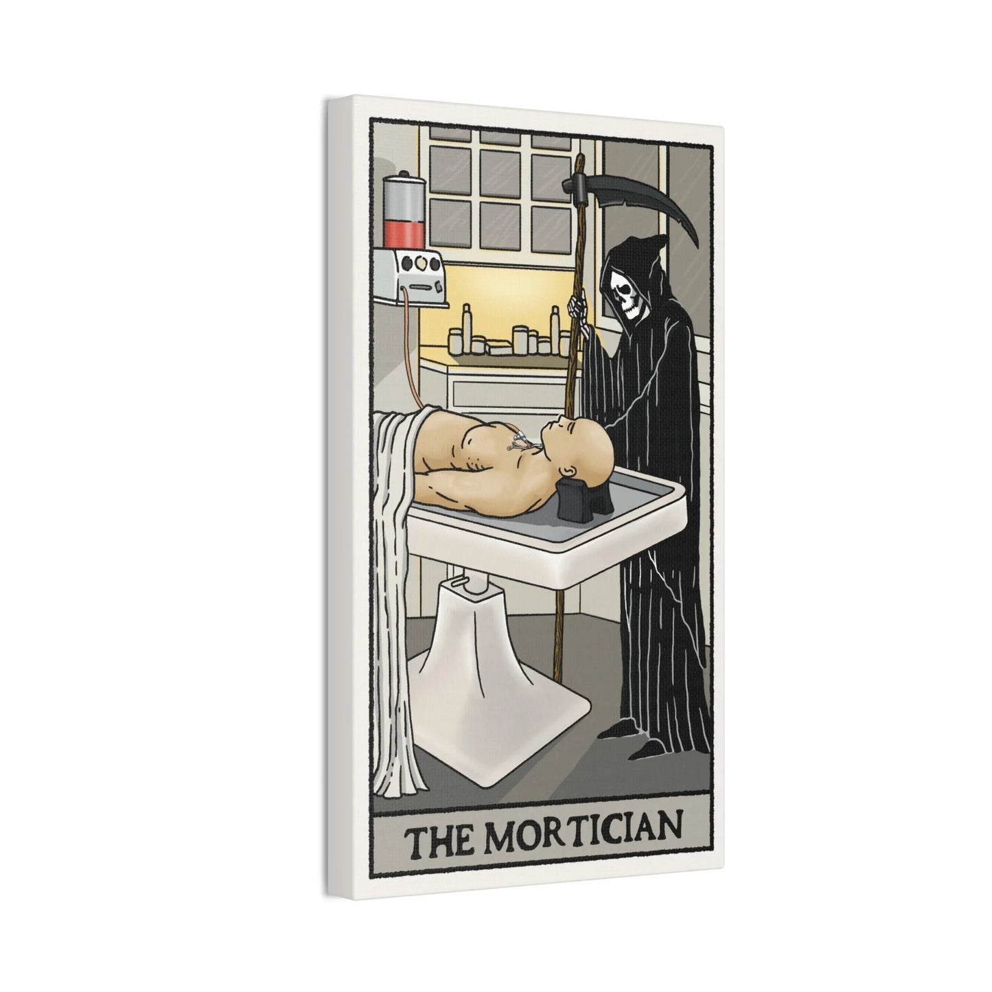 "The Mortician" Tarot Card Canvas Art | Dark Humor Wall Decor | Unique Gothic Home Accent - Alternative Artwork,Dark Humor Print,Death Themed Gift,Eerie Art Piece,Funny Home Decor,Gothic Wall Art,Grim Reaper Art,Halloween Wall Art,Macabre Design,Mortician Decor,Spooky Living Room,Unique Canvas Art,Unusual Wall Decor Canvas