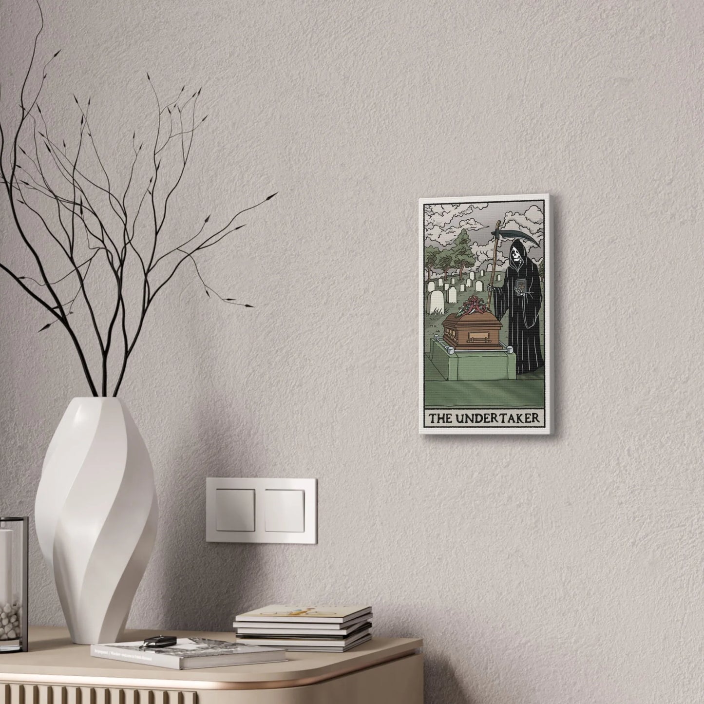 "The Undertaker" Tarot Card Canvas Art | Dark Humor Wall Decor | Unique Gothic Home Accent - Alternative Artwork,Dark Humor Print,Death Themed Gift,Eerie Art Piece,Funny Home Decor,Gothic Wall Art,Grim Reaper Art,Halloween Wall Art,Macabre Design,Mortician Decor,Spooky Living Room,Unique Canvas Art,Unusual Wall Decor Canvas