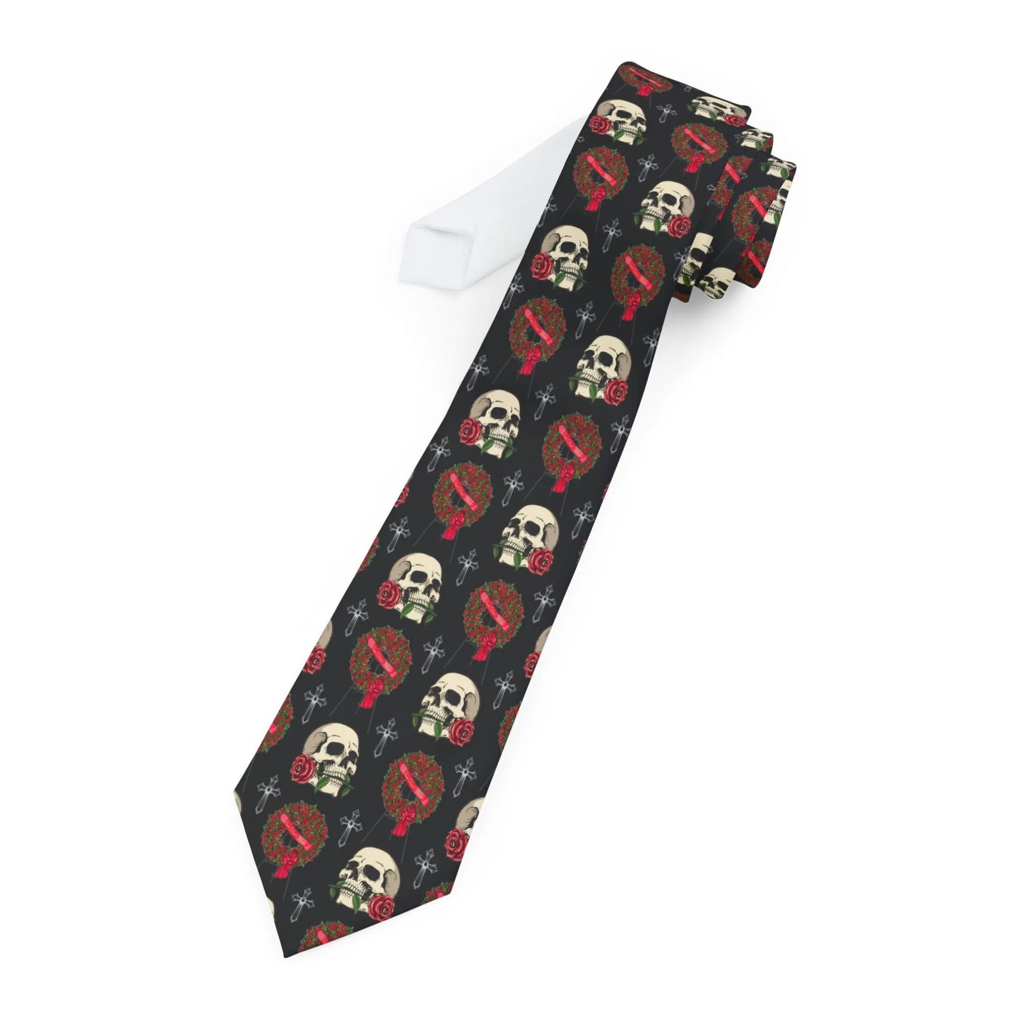 Skull and Rose Wreath on Black - Necktie - Accessories,cadillac,coach,funeral,funeral director,hearse,mortician,Other Accessories