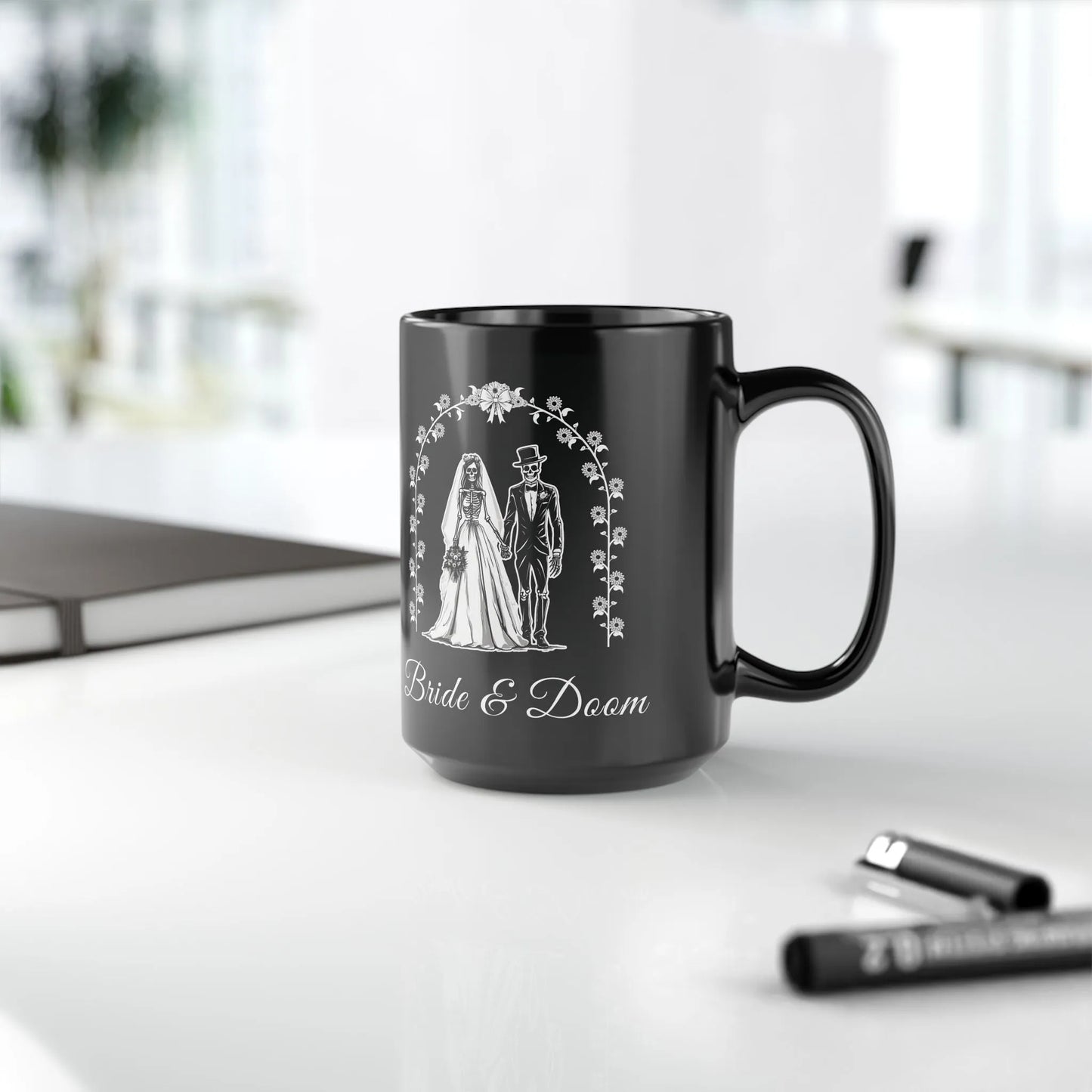Bride & Doom - 15oz Coffee Mug - embalmer,funeral director,funny,goth,humor,love,meme,morbid,mortician,mortuary science,romance,skeleton,skull,wedding Mug