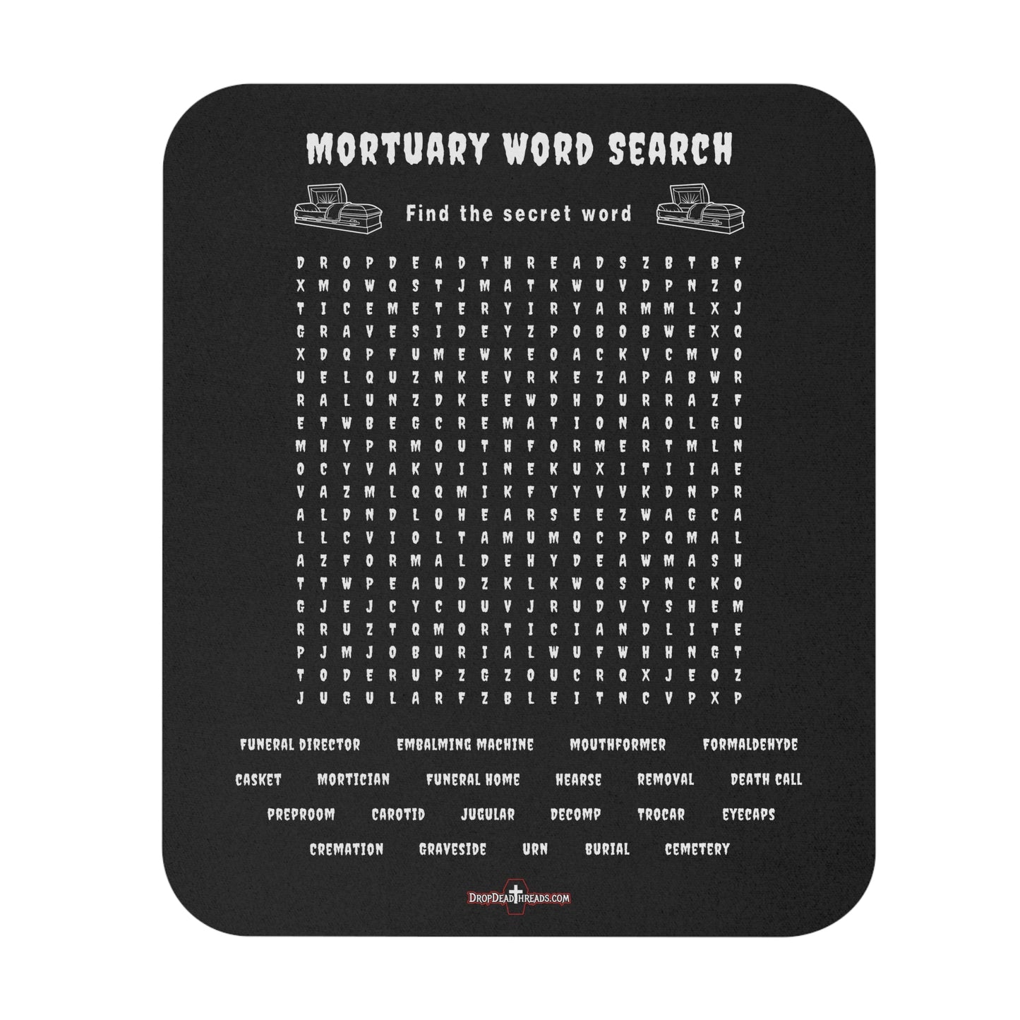 Black mouse pad with mortuary-themed word search and text on a white background