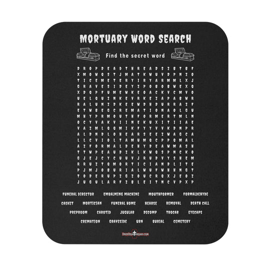 Black mouse pad with mortuary-themed word search and text on a white background