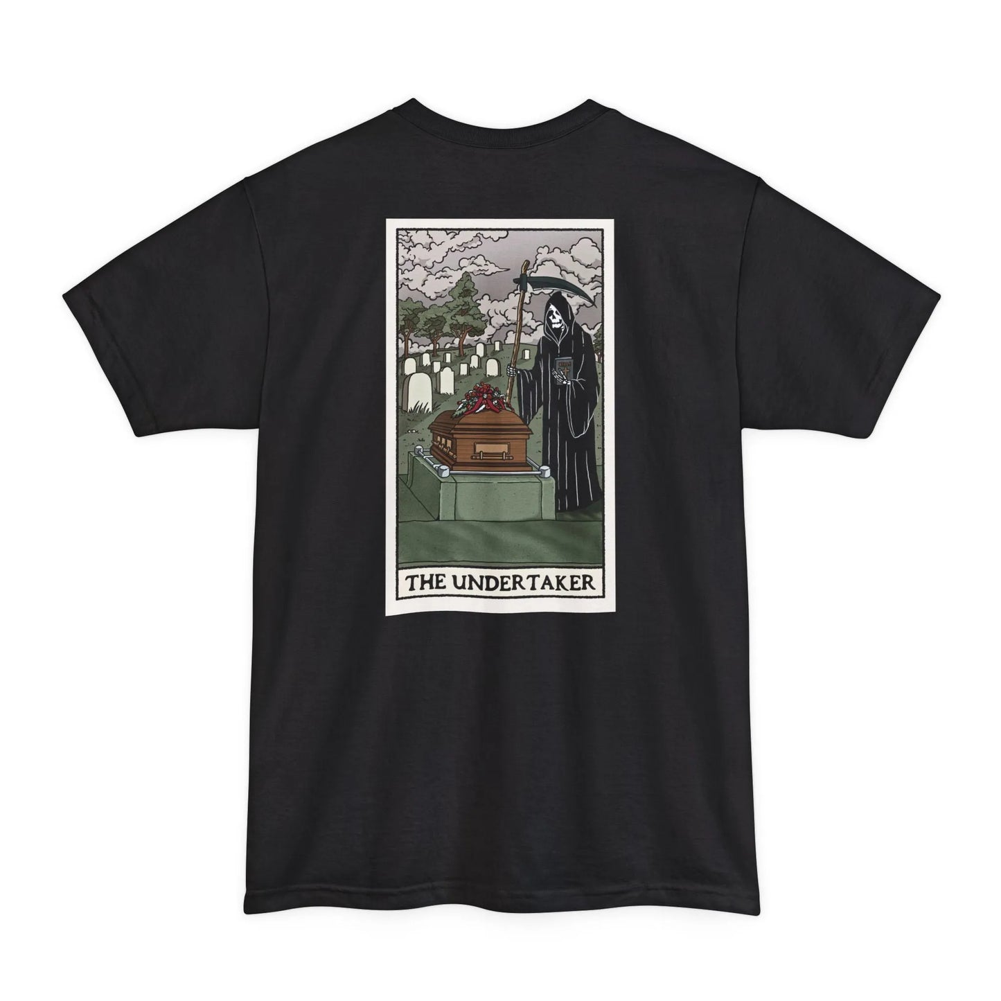 BIG & TALL "The Undertaker" Tarot Card - Tee - burial,cemetery,embalmer,funeral director,grave,Long body,mortician,skull,Tall,tarot T-Shirt