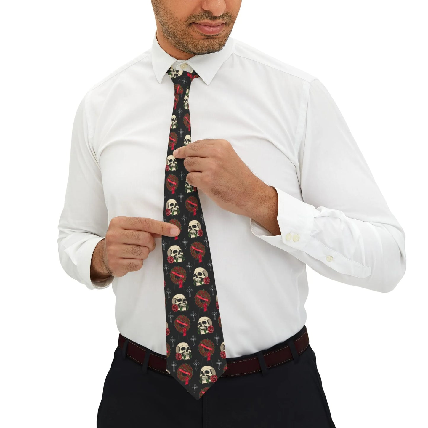 Skull and Rose Wreath on Black - Necktie - Accessories,cadillac,coach,funeral,funeral director,hearse,mortician,Other Accessories