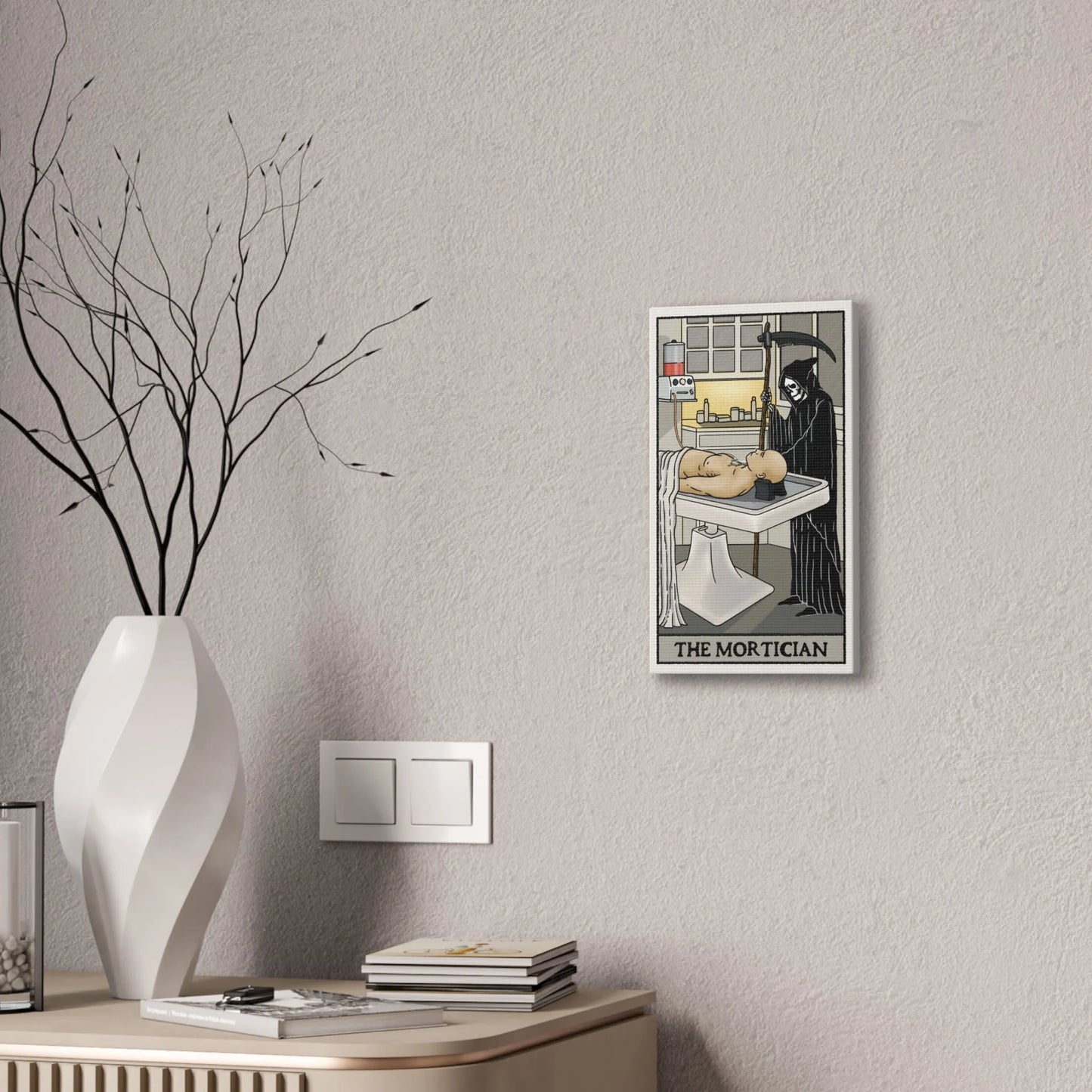 "The Mortician" Tarot Card Canvas Art | Dark Humor Wall Decor | Unique Gothic Home Accent - Alternative Artwork,Dark Humor Print,Death Themed Gift,Eerie Art Piece,Funny Home Decor,Gothic Wall Art,Grim Reaper Art,Halloween Wall Art,Macabre Design,Mortician Decor,Spooky Living Room,Unique Canvas Art,Unusual Wall Decor Canvas