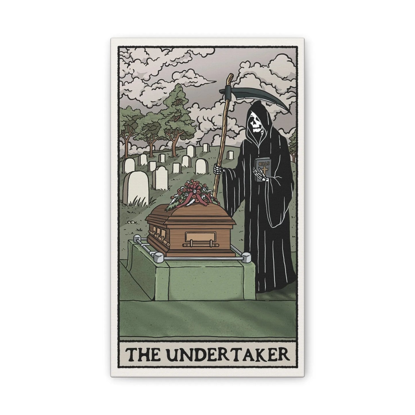 "The Undertaker" Tarot Card Canvas Art | Dark Humor Wall Decor | Unique Gothic Home Accent - Alternative Artwork,Dark Humor Print,Death Themed Gift,Eerie Art Piece,Funny Home Decor,Gothic Wall Art,Grim Reaper Art,Halloween Wall Art,Macabre Design,Mortician Decor,Spooky Living Room,Unique Canvas Art,Unusual Wall Decor Canvas