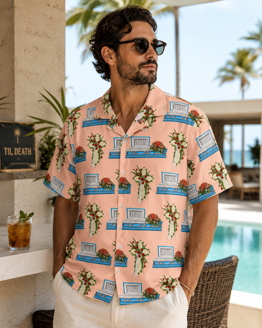 Light Blue Casket & Mum Cross on Light Pink Salmon - Hawaiian Shirt
