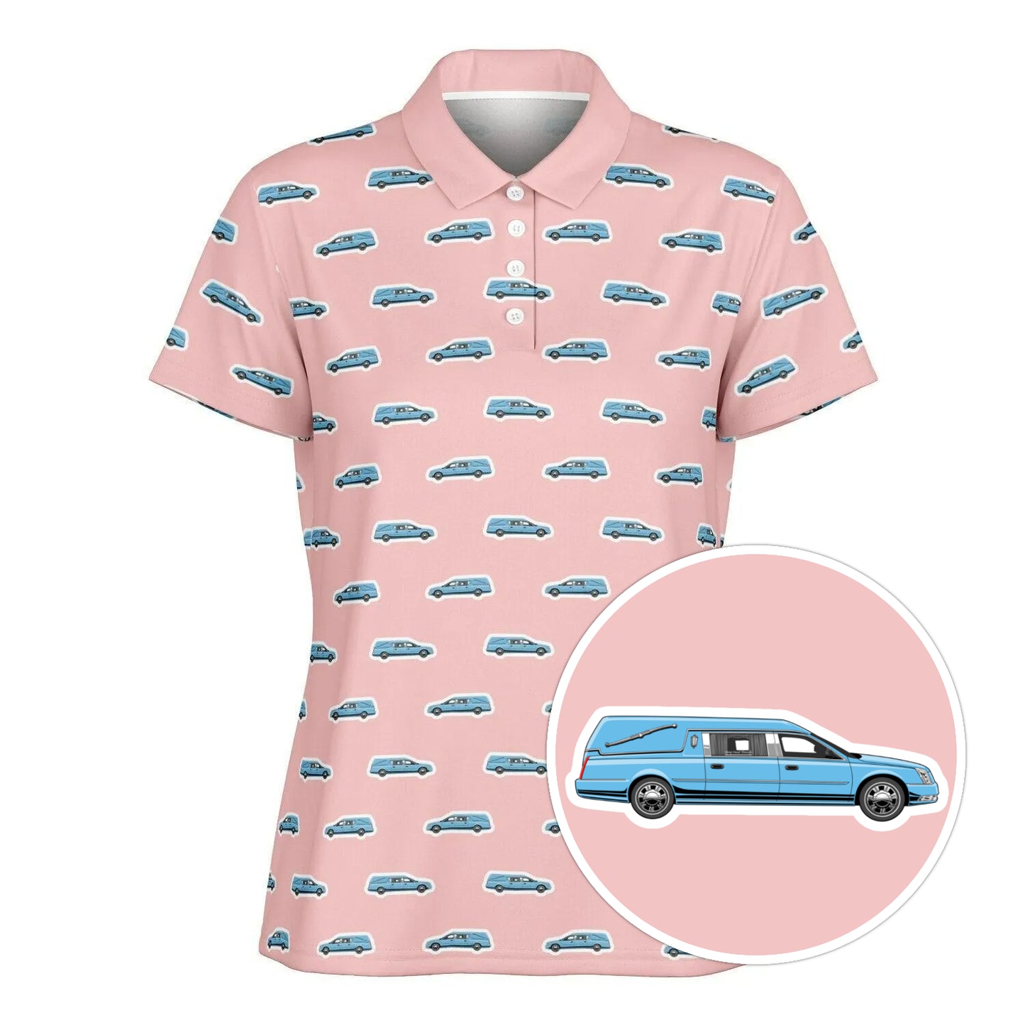 Light Blue Hearse Stickers on Pink - Golf Polo Shirt