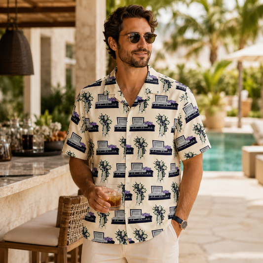 Dark Purple Casket & Mum Cross on Papaya Whip - Hawaiian Shirt