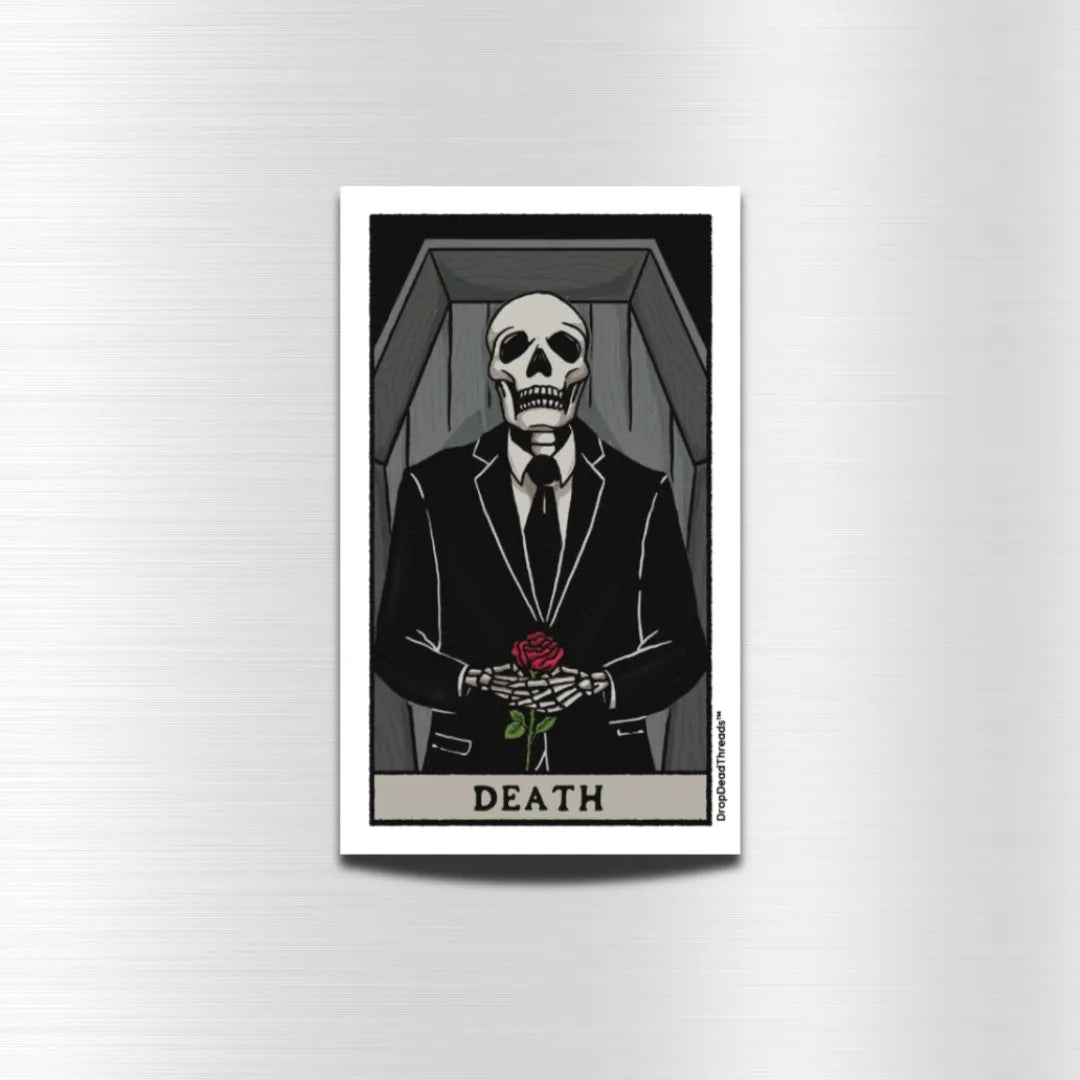 Death Tarot Card - Vinyl Sticker - Casket,Coffin,embalmer,funeral director,goth,grave,mortician,skeleton,skull,tarot,tarot card sticker