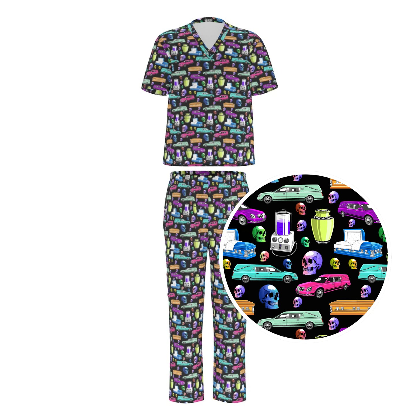 Death of the Party - Embalmer's Scrubs - embalmer,embalming machine,funeral director,Hearse,mortician,mortuary science,skull,skulls,Urn scrubs