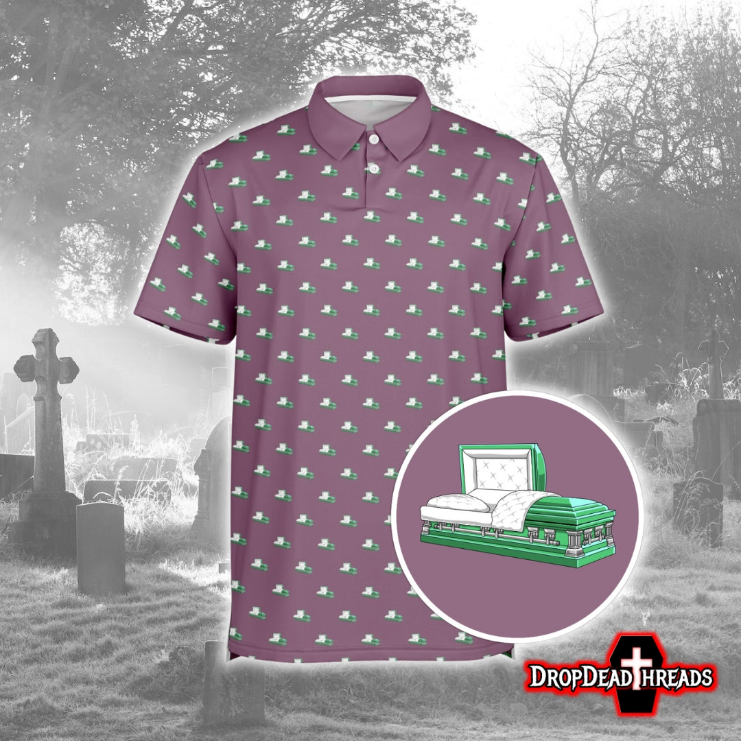 Emerald Green Casket on Plum Mauve - Golf Polo Shirt