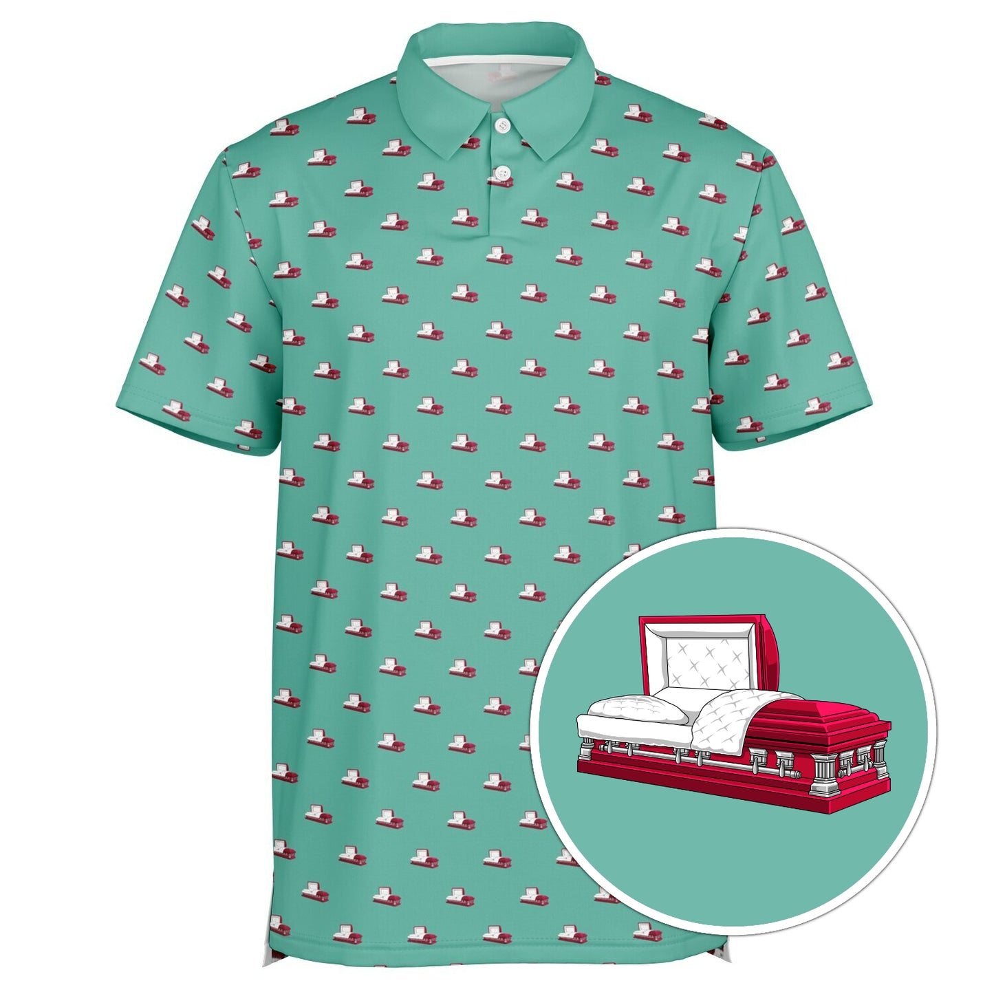 Teal polo shirt with red and white pattern on a white background, with an inset of a red casket.