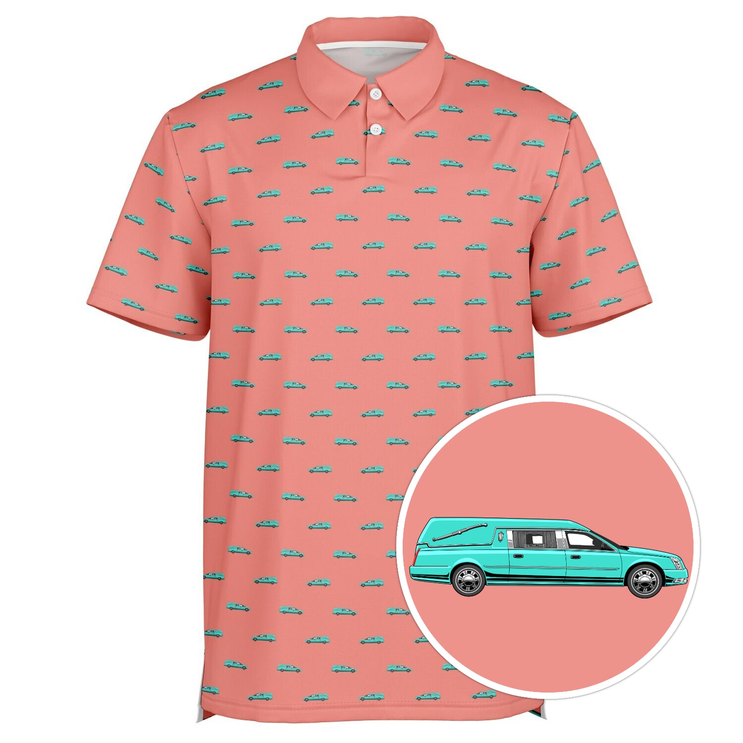 Turquoise Hearse on Coral - Golf Polo Shirt