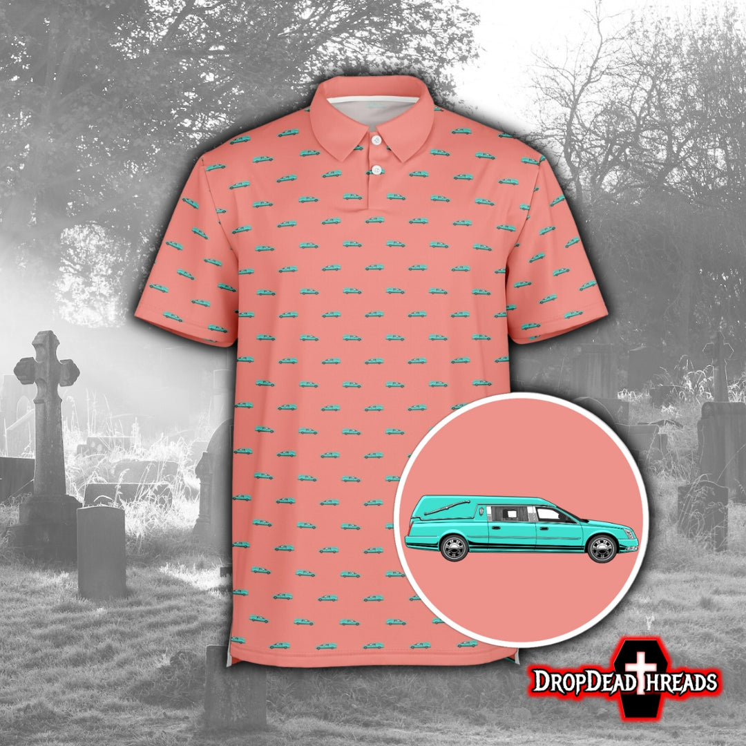 Turquoise Hearse on Coral - Golf Polo Shirt