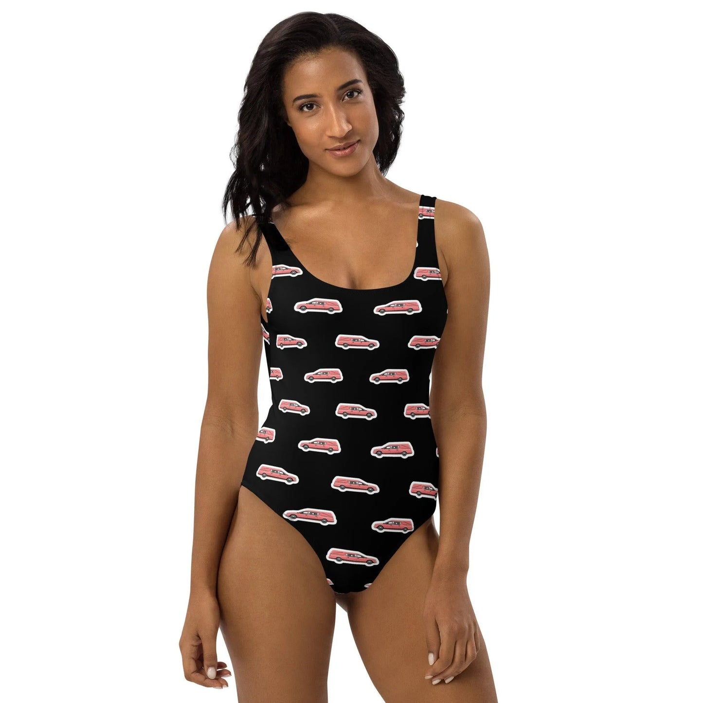 Pink Hearse Sticker on Black - One Piece Swim Suit - embalmer, funeral director, hearse, mortician