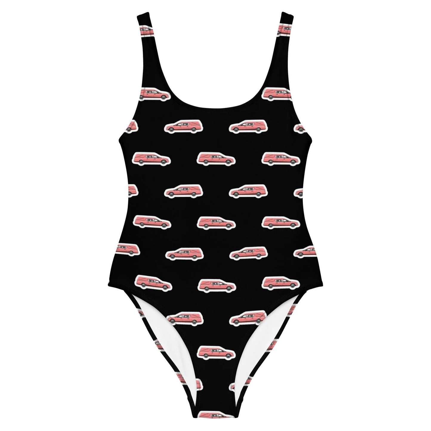 Pink Hearse Sticker on Black - One Piece Swim Suit - embalmer, funeral director, hearse, mortician