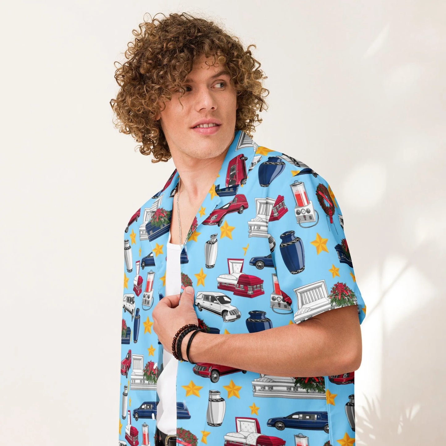American FUNeral - Hawaiian Shirt - america, Casket, Coffin, cremation, embalmer, embalming machine, flower easel, flowers, funeral director, Hearse, mortician, Patriotic, Urn, USA hawaiian shirt