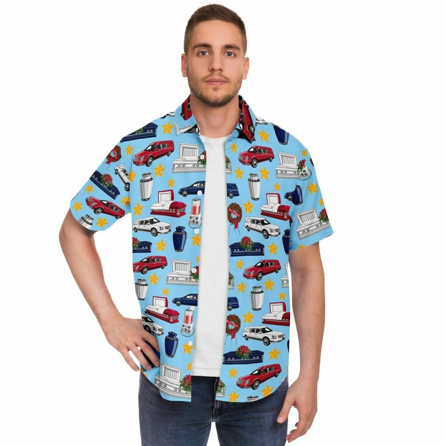 American FUNeral - Button Up Tee - button down, Casket, Coffin, death, embalmer, embalming machine, Funeral, goth, Hearse Short Sleeve Button Down Shirt
