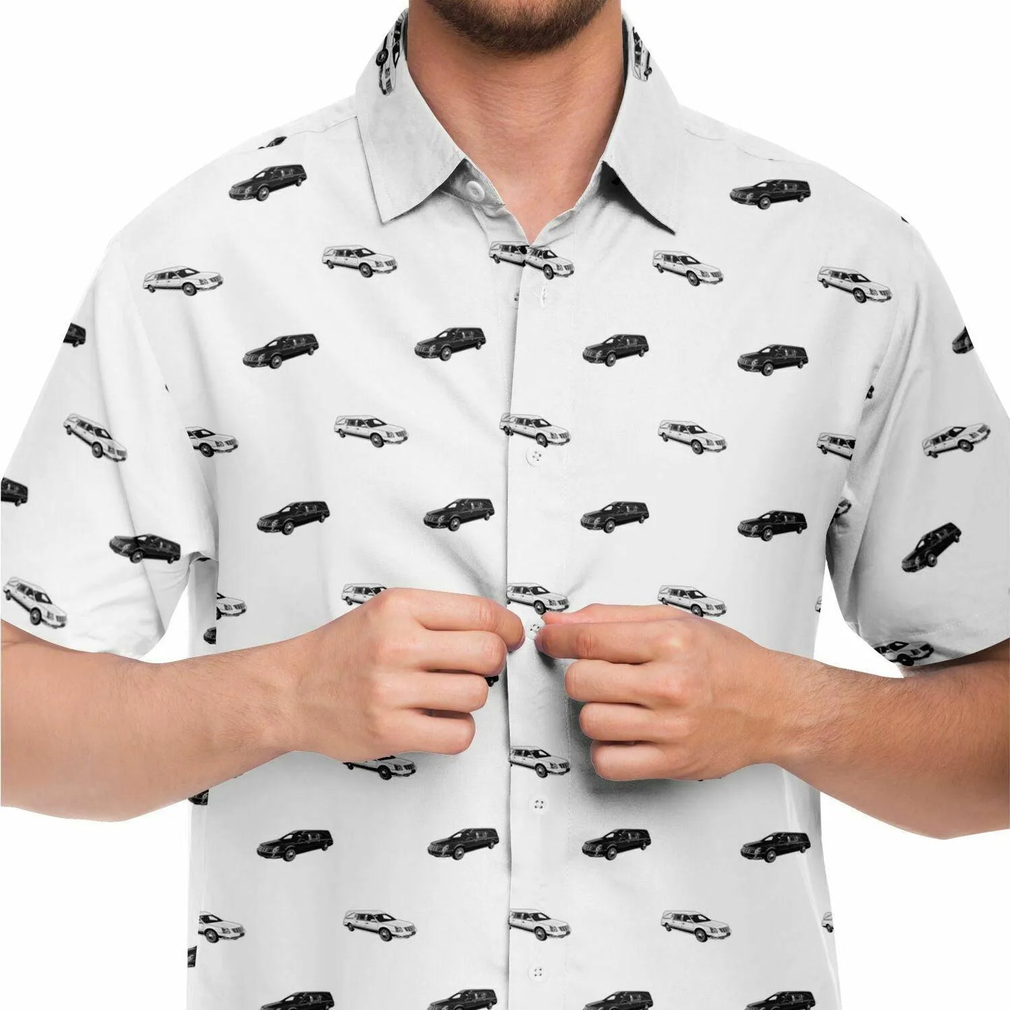 Black & White Hearse - Button Up Tee - button down, Funeral, Hearse Short Sleeve Button Down Shirt - AOP