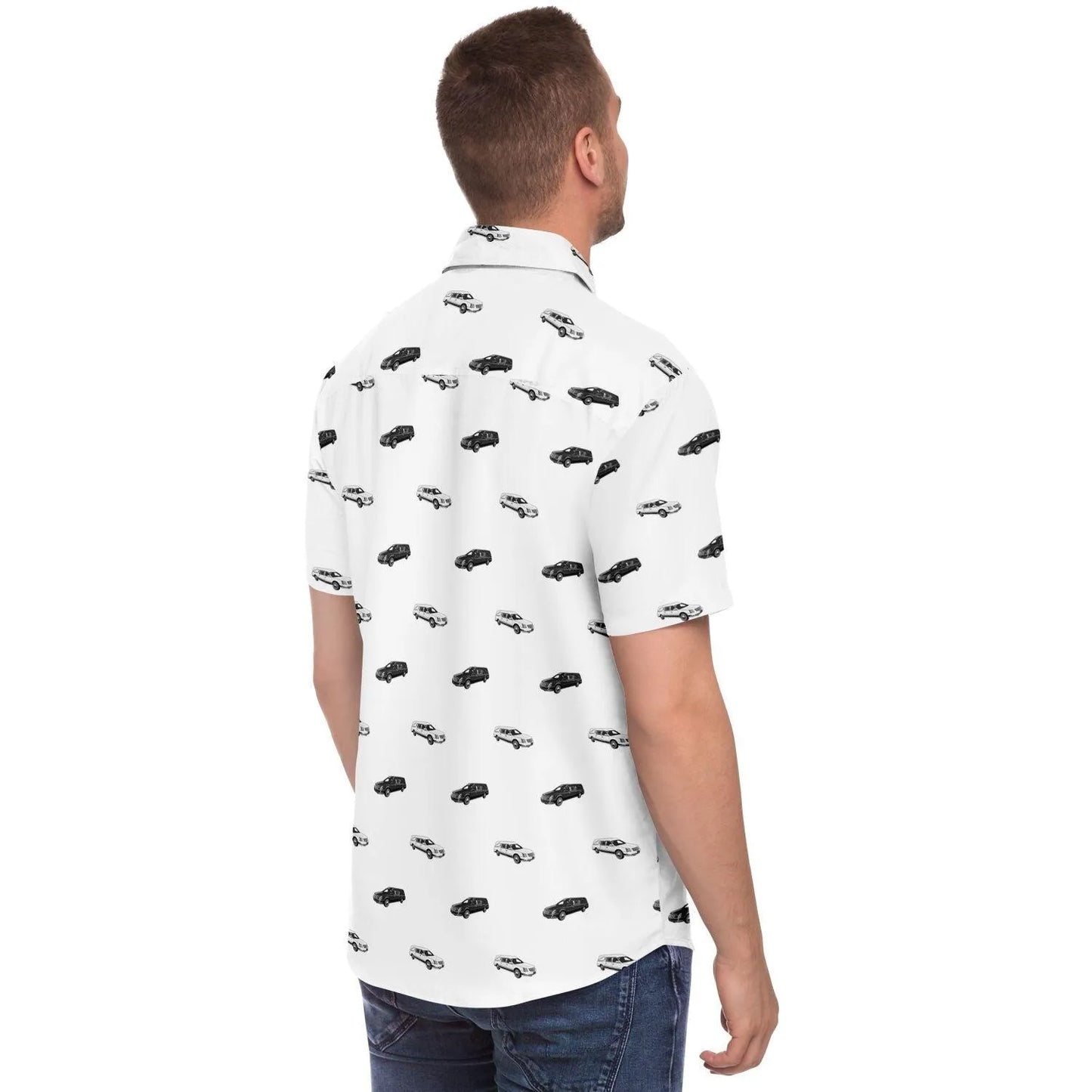 Black & White Hearse - Button Up Tee - button down, Funeral, Hearse Short Sleeve Button Down Shirt - AOP