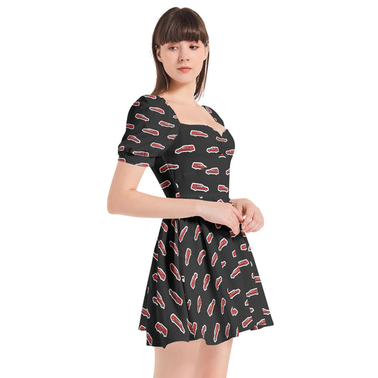 Red Hearse Stickers on Black - Puff Sleeve Sweetheart Neck Short Dress