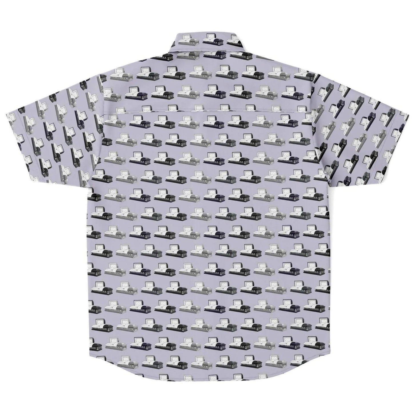 Back view. Light purple button down tshirt with dark grey, silver, and dark purple coffin pattern. Open caskets.