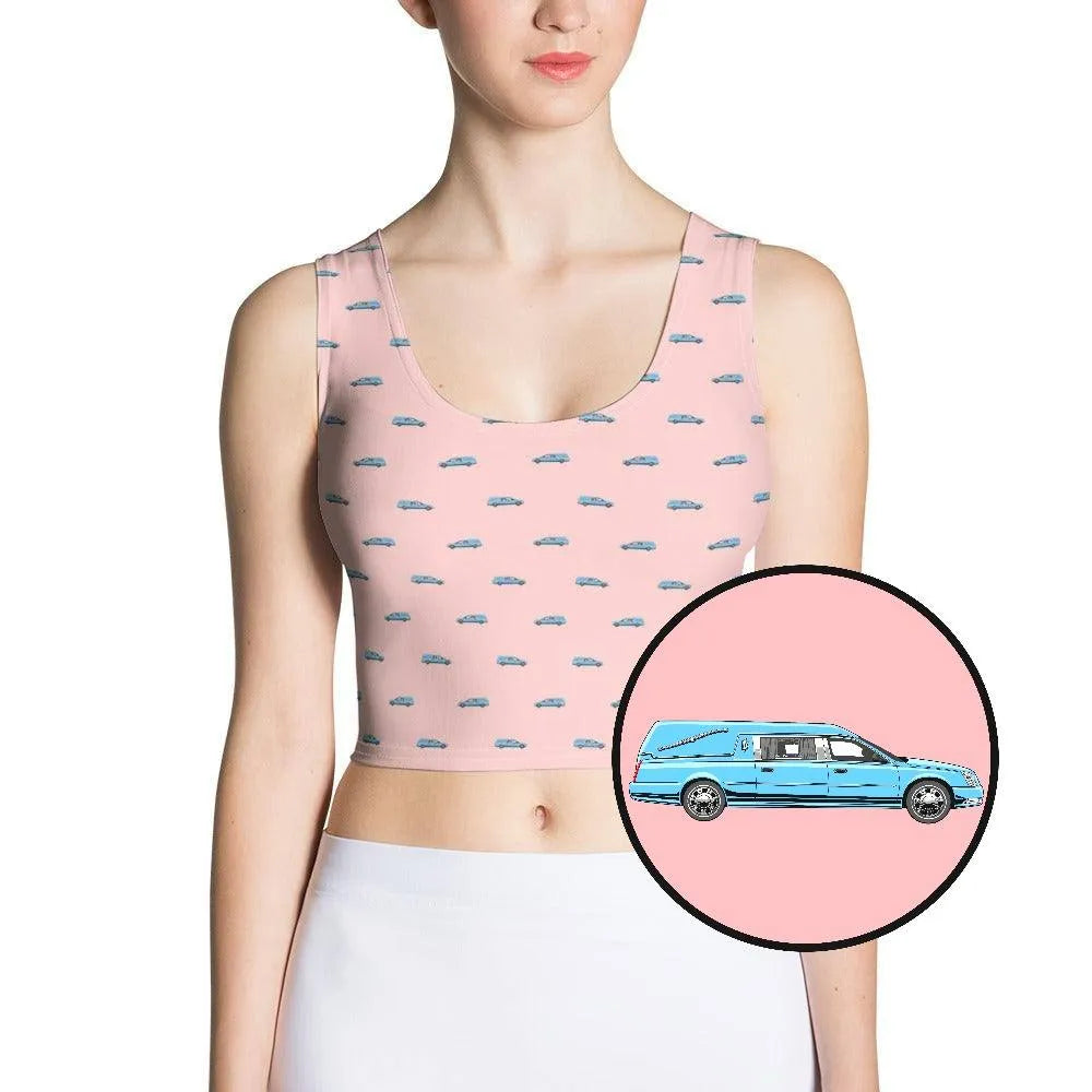 Crop Top - Light Blue Hearse on Pink - death, funeral, hearse
