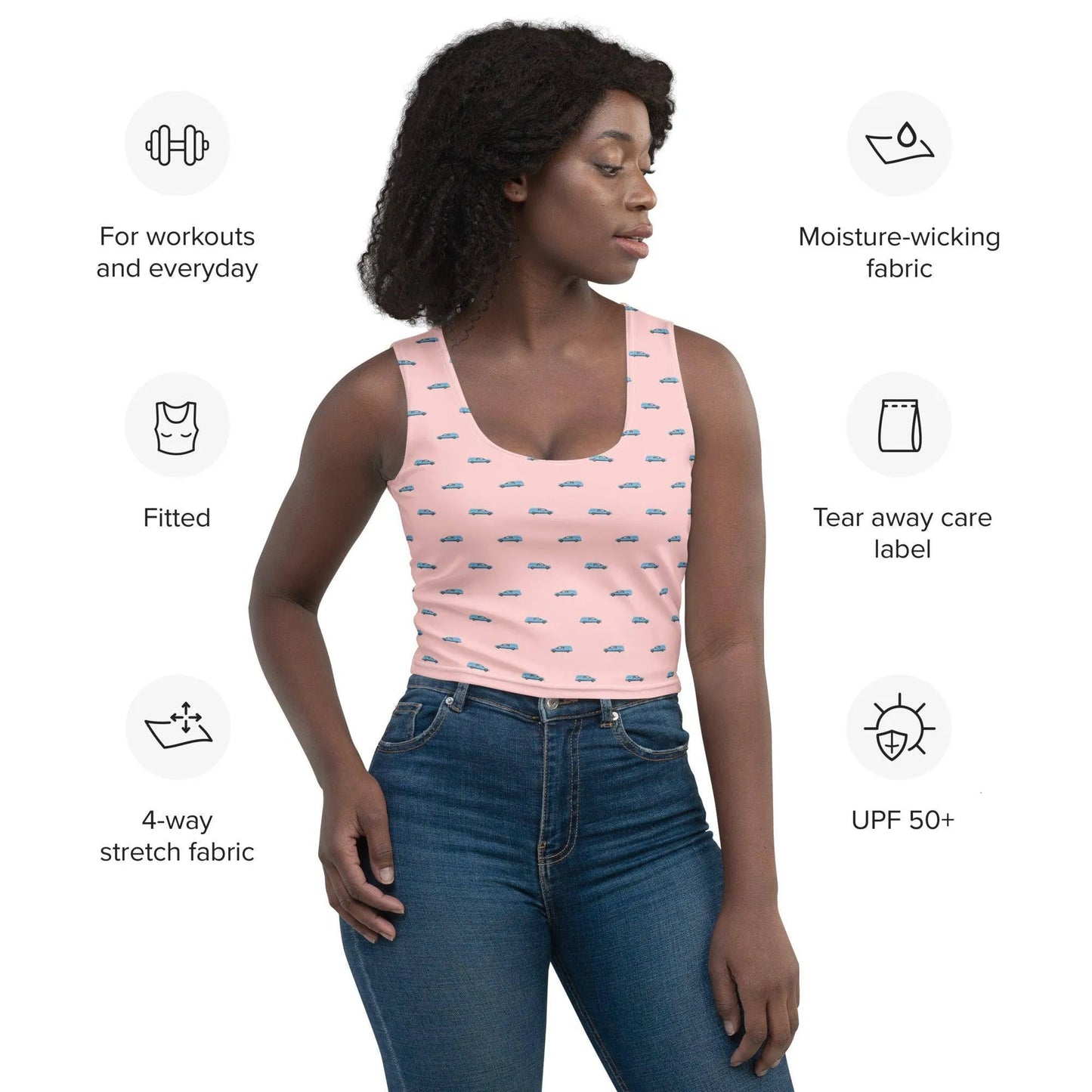 Crop Top - Light Blue Hearse on Pink - death, funeral, hearse