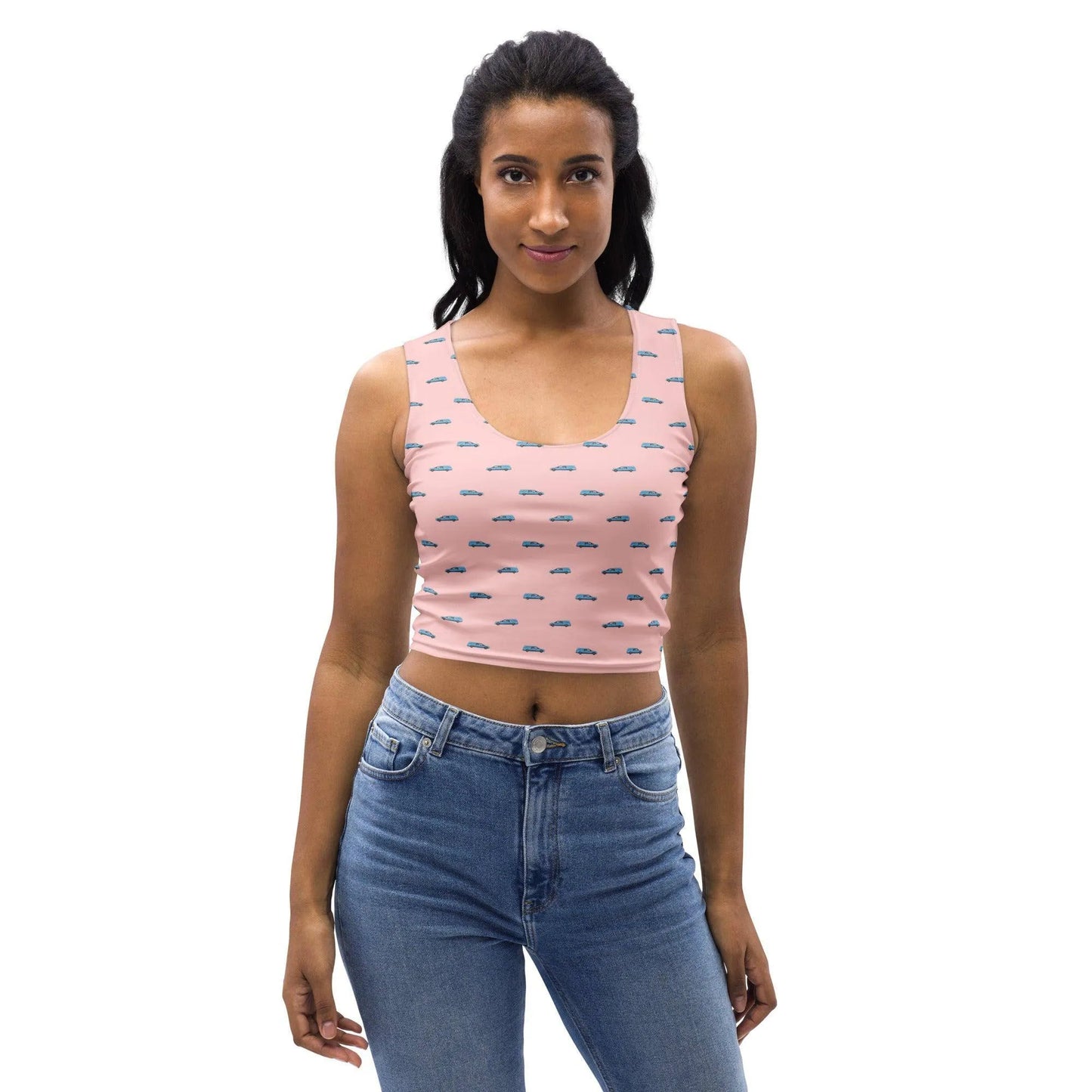 Crop Top - Light Blue Hearse on Pink - death, funeral, hearse