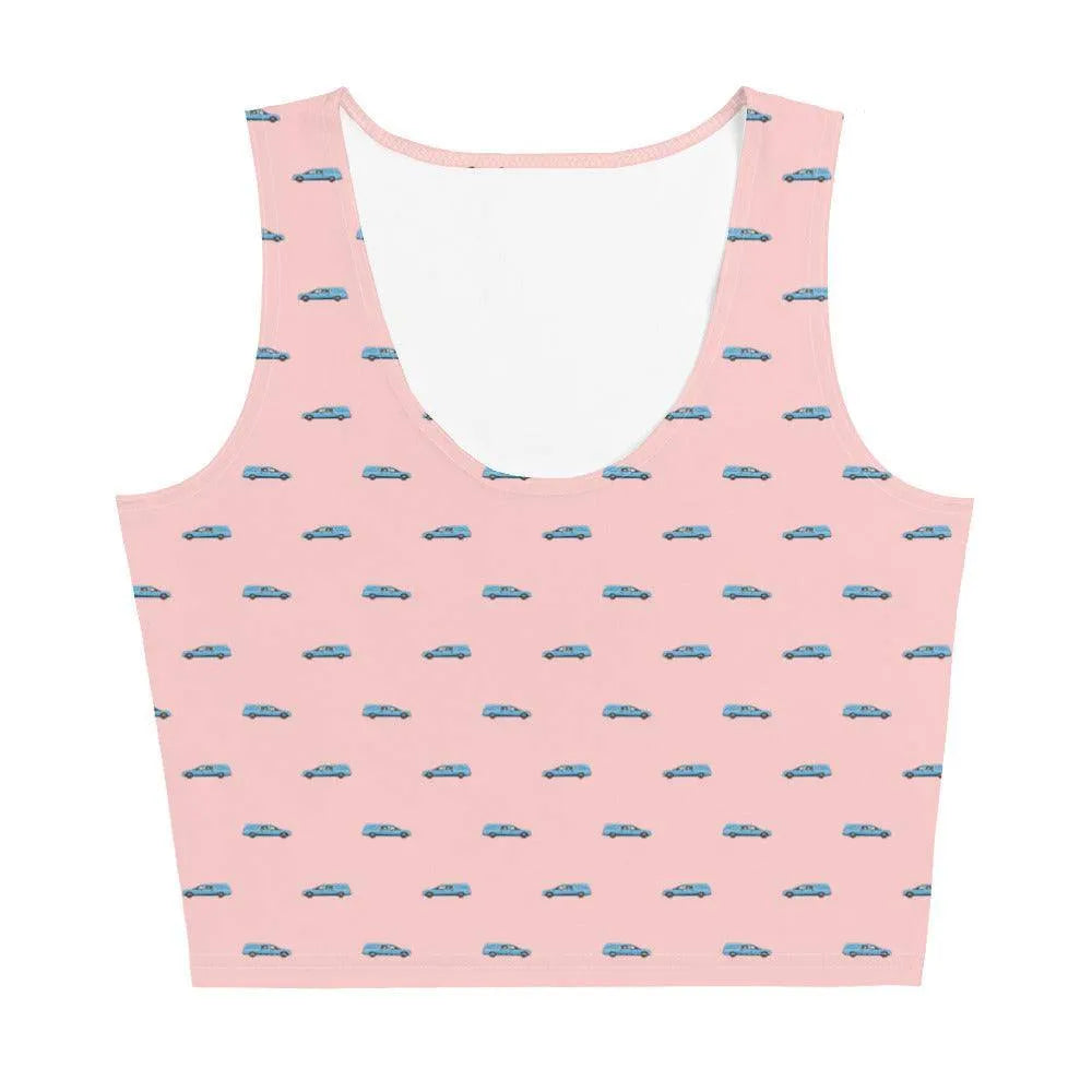 Crop Top - Light Blue Hearse on Pink - death, funeral, hearse