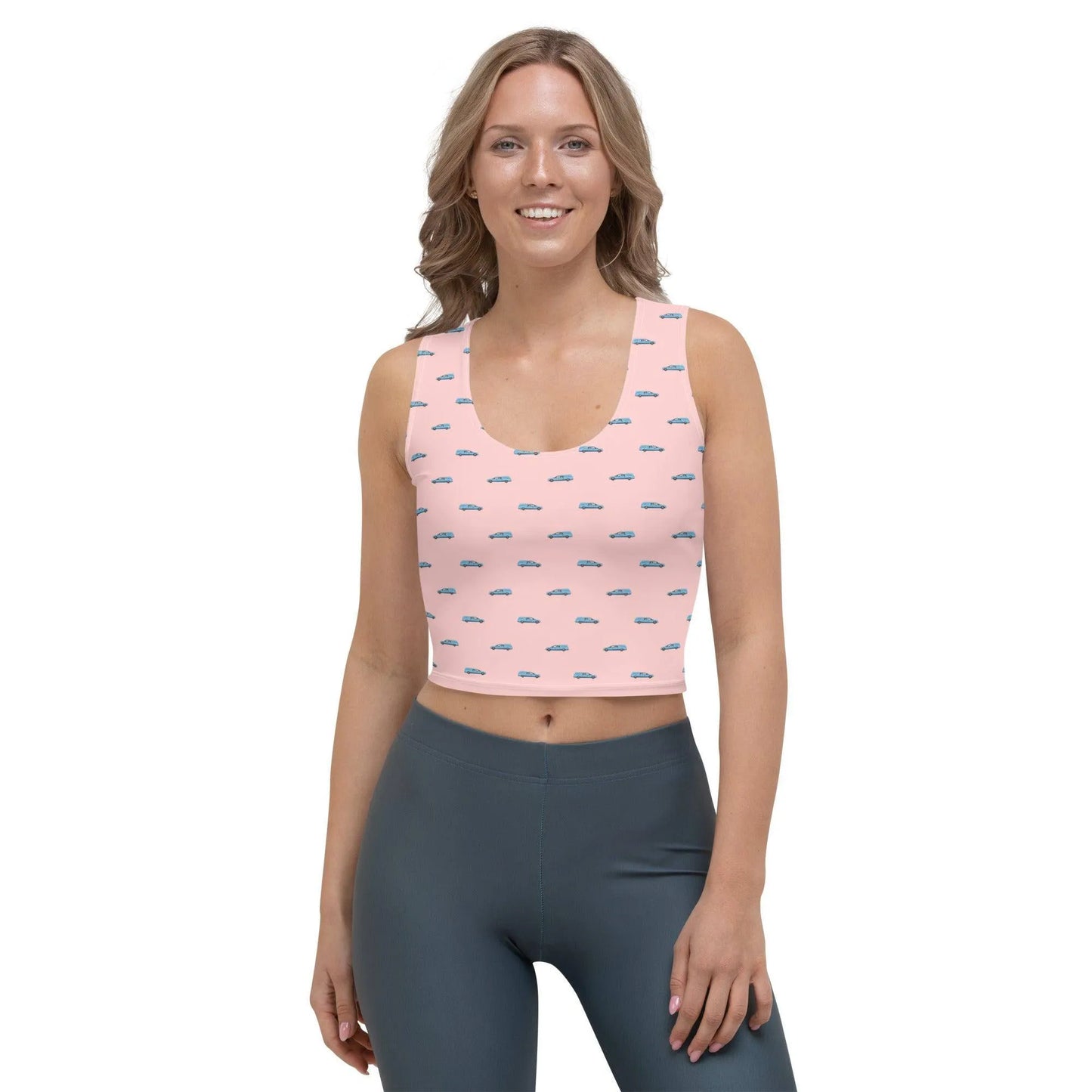 Crop Top - Light Blue Hearse on Pink - death, funeral, hearse