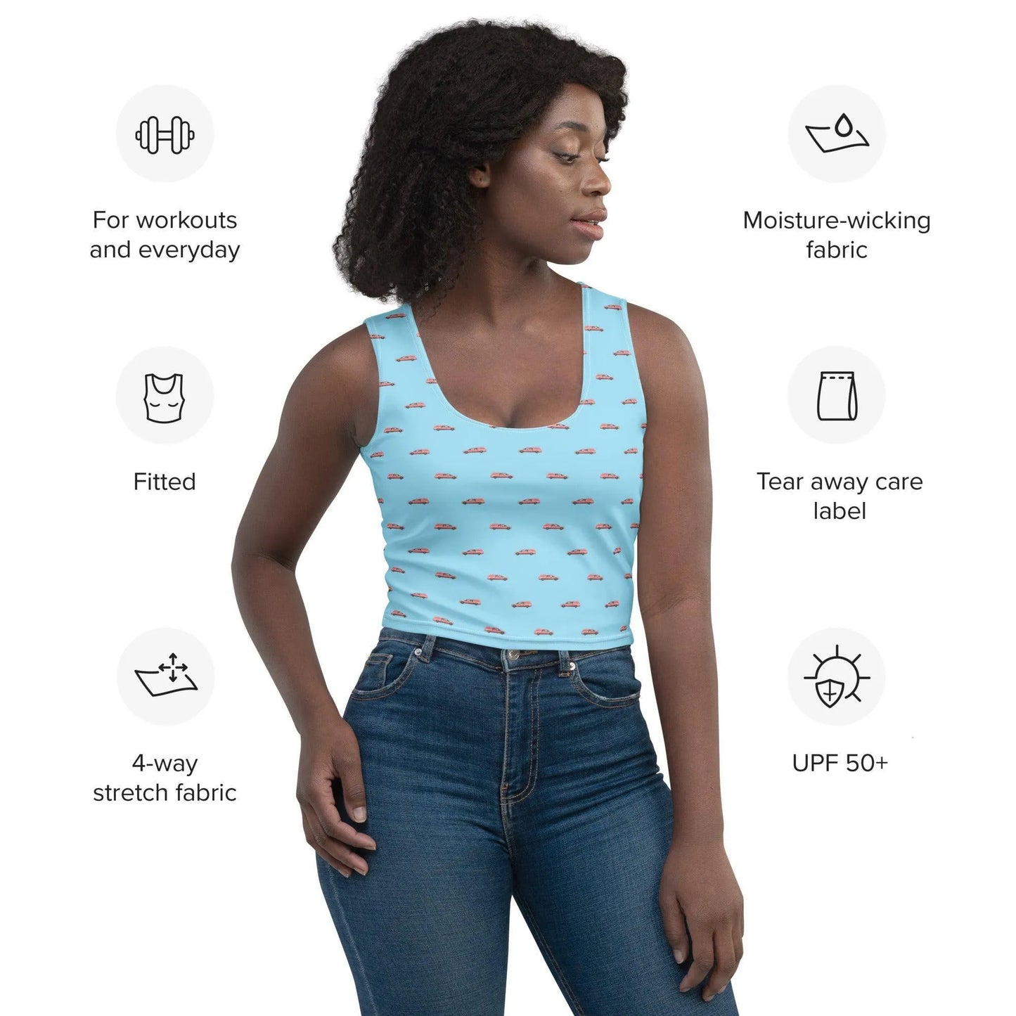 Crop Top - Pink Hearse on Baby Blue - death, funeral, hearse