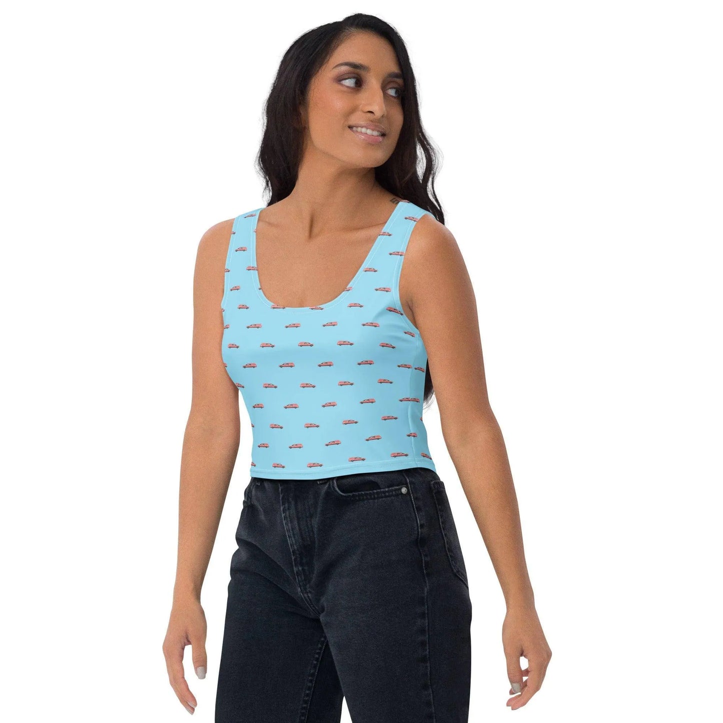 Crop Top - Pink Hearse on Baby Blue - death, funeral, hearse