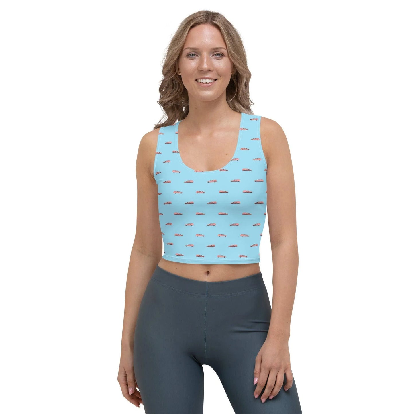 Crop Top - Pink Hearse on Baby Blue - death, funeral, hearse