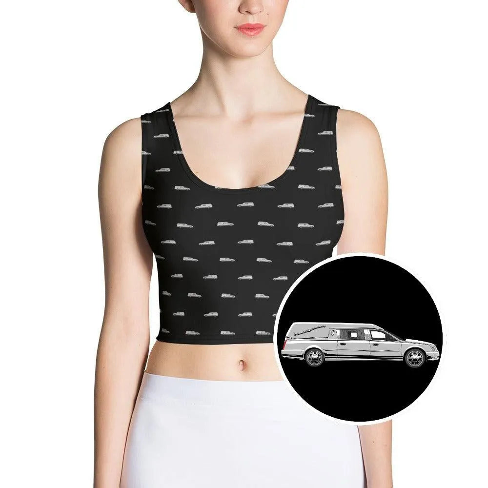 Crop Top - Silver Hearse on Black - death, funeral, hearse