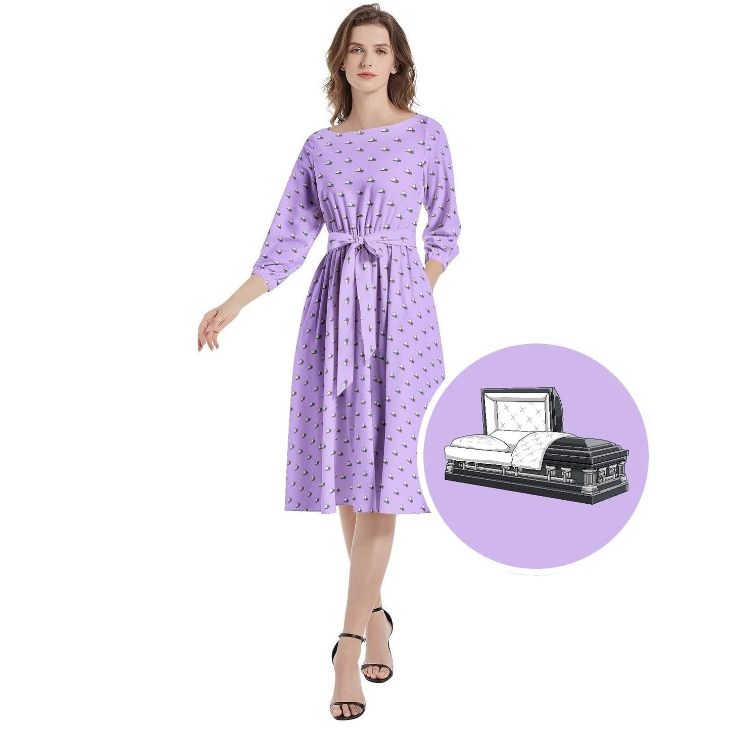 Dark Grey Casket on Light Purple - Boat Neck Belted Flared Dress - Casket, Coffin, death, death care, death positive, funeral directing, funeral director, mortician Dress