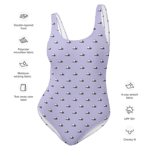 Dark Grey Casket on Light Purple - One Piece Swimsuit - casket, coffin, death positive, embalmer, funeral director, mortician, mortuary science one piece swimsuit