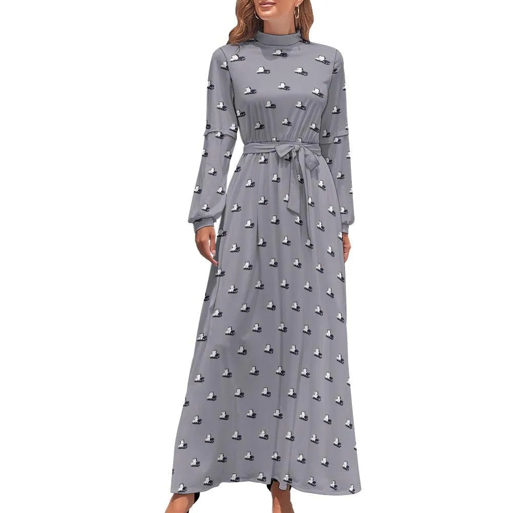 Dark Purple Casket on Lilac Grey - High Collar Long Sleeve Dress -