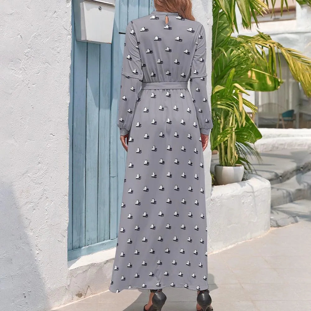 Dark Purple Casket on Lilac Grey - High Collar Long Sleeve Dress -