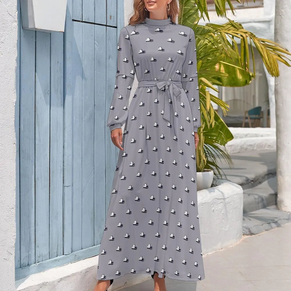 Dark Purple Casket on Lilac Grey - High Collar Long Sleeve Dress -