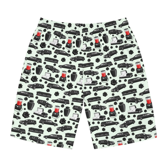 FUNeral Blackout on Honeydew - Board Shorts - casket, coffin, cremation urn, death positivity, embalming machine, funeral director, hearse, mortician, porti-boy, swim trunks, swimwear Board Shorts
