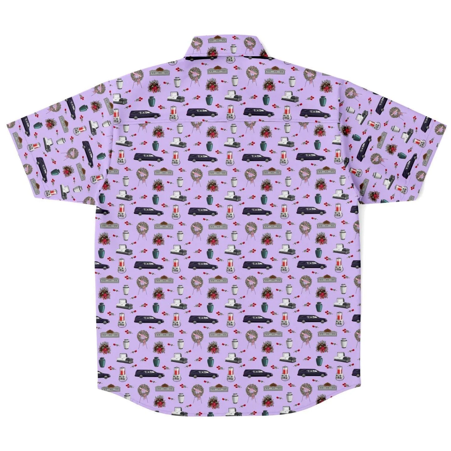 Back view. Light purple button down tee shirt with dark purple hearse, embalming machine, white urn, grey silver coffin or casket, pattern