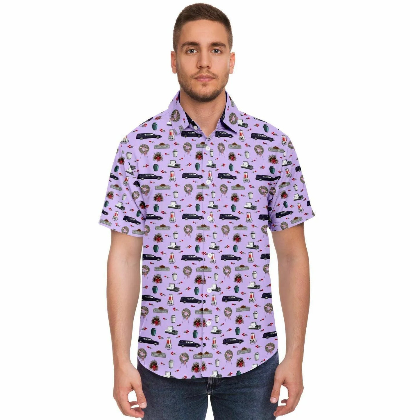 Front view man wearing light violet button down shirt with funeral pattern on it containing cremation urn, hearse, casket, coffin, embalming machine, funeral flowers, red roses,