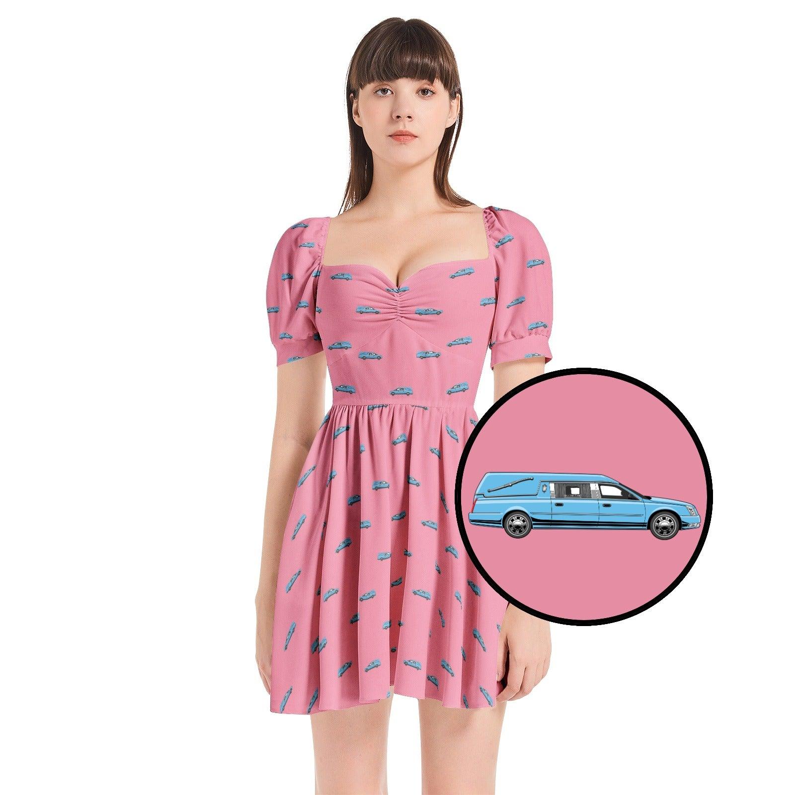Light Blue Hearse on Rose Pink - Puff Sleeve Sweetheart Neck Short Dress M Light Blue Hearse on Rose Pink - Puff Sleeve Sweetheart Neck Short Dress M