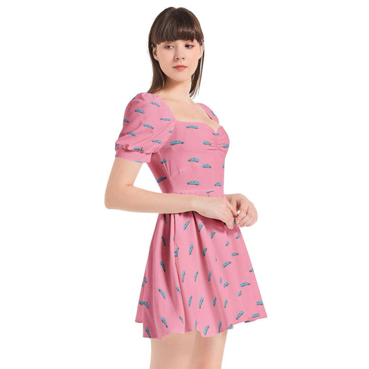 Puff Sleeve Sweetheart Neck Short Dress - Light Blue Hearse on Rose Pink - Death, funeral, goth, hearse Dress