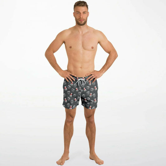 Morti-Boy Embalmer on Steel Grey - Swim Trunks - Casket, Coffin, death care, death positive, embalm, embalmer, Embalming, embalming machine, Funeral, funeral home, funerals, last responder, mortician, mortuary science, porti-boy, toe tag Swim Trunks Men - AOP