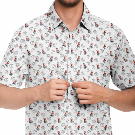 close up view of white button up short sleeve shirt featuring embalming machines porti-boy pattern on it