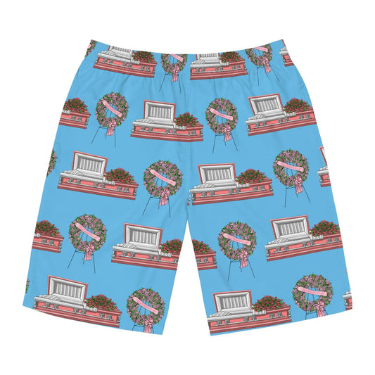 Pink Casket and Rose Wreath Easel on Baby Blue - Board Shorts - All Over Print, AOP, AOP Clothing, Bottoms, casket, coffin, cross, death positive, funeral director, funeral flowers, Men's Bottoms, Men's Clothing, mortician, Sports, Sportswear, Sublimation, Swimwear Board Shorts